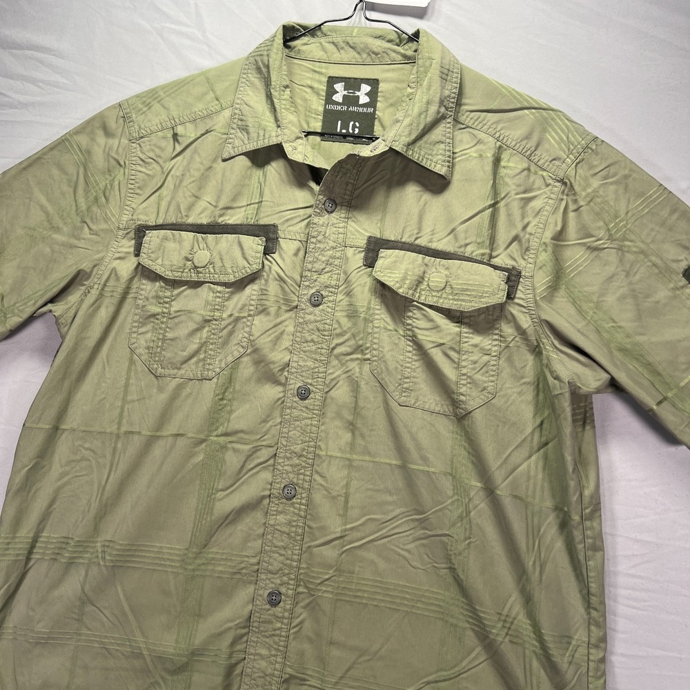 Under Armour Shirt Mens Large Green Button Up Short Sleeve Utility Military